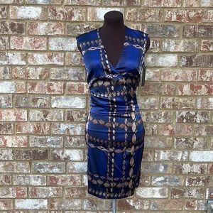 Marc Cain Animal Print Ruched Silk Blue and Black Sleeveless Dress Size 4